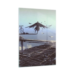 Impression sur verre - Image sur verre - Une silhouette avec un vélo sur un pont en bois au-dessus des nuages - 50x70cm - Icare est toujours vivant - Décoration murale moderne pour le salon et la chambre ARTTOR
