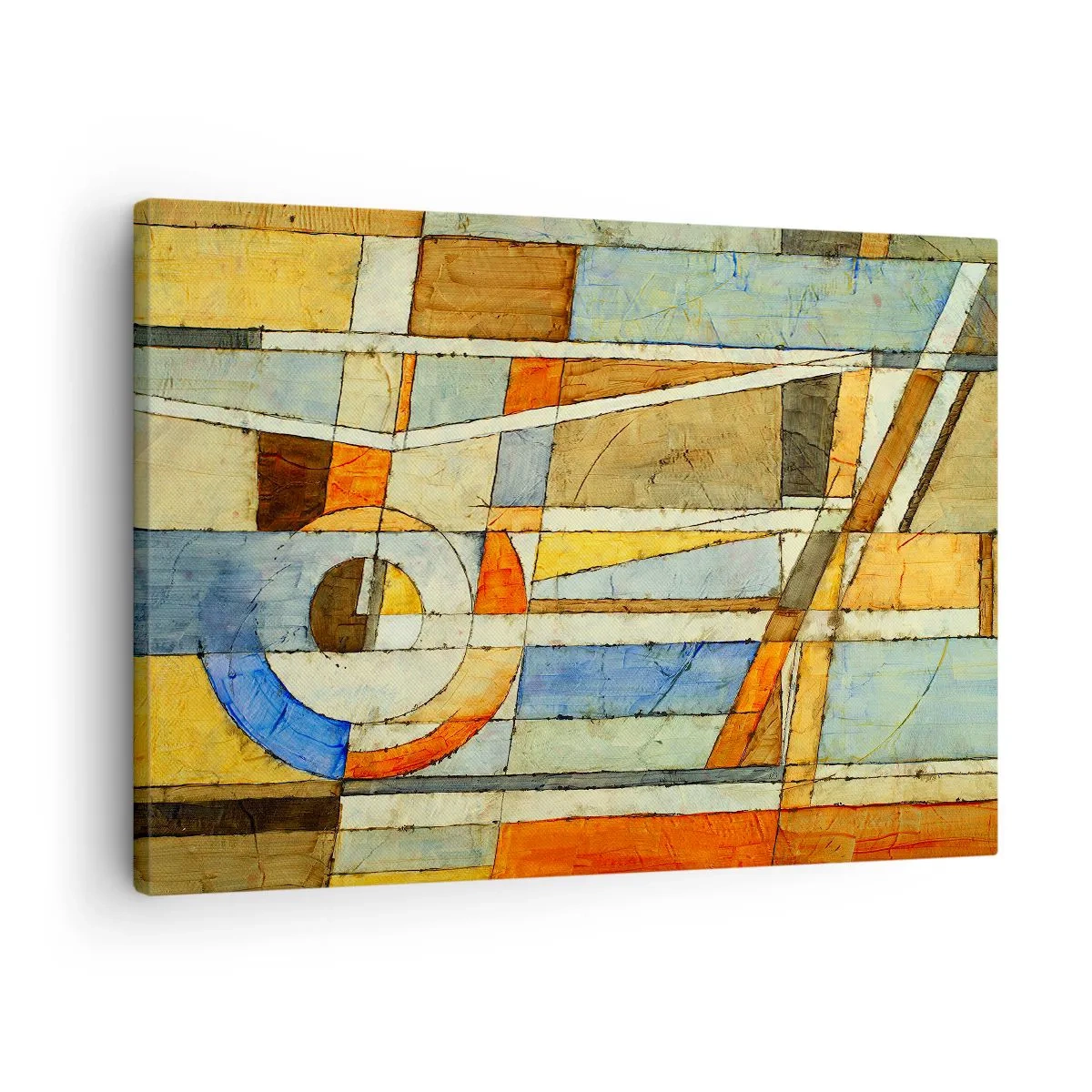 Impression sur toile - Image sur toile - Abstraction géométrique dans les tons beige, bleu et orange - 70x50cm - Cubisme sur le chantier - Décoration murale moderne pour le salon et la chambre ARTTOR