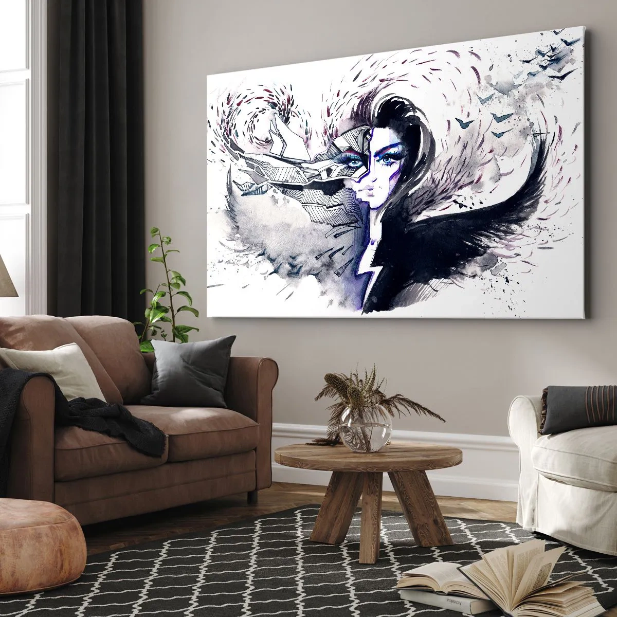 Impression sur toile - Image sur toile - Visage abstrait avec des éléments contrastés et un motif d'aile - 100x70cm - Démoniaque et belle - Décoration murale moderne pour le salon et la chambre ARTTOR