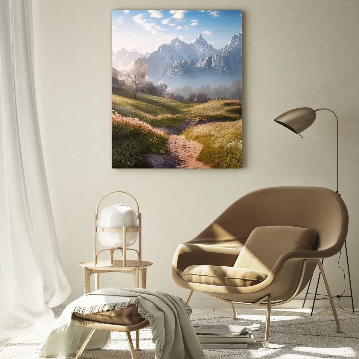 Impression sur verre - Image sur verre - Une vallée de montagne avec des prairies, des cabanes et une vue sur les sommets - 80x120cm - Vallée idyllique - Décoration murale moderne pour le salon et la chambre ARTTOR