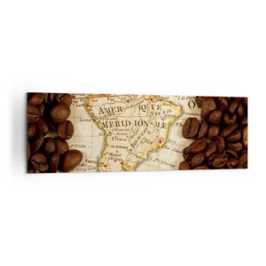 Impression sur toile - Image sur toile - Une carte de l'Amérique du Sud entourée de grains de café. - 160x50cm - D'où vient le meilleur café ? - Décoration murale moderne pour le salon et la chambre ARTTOR