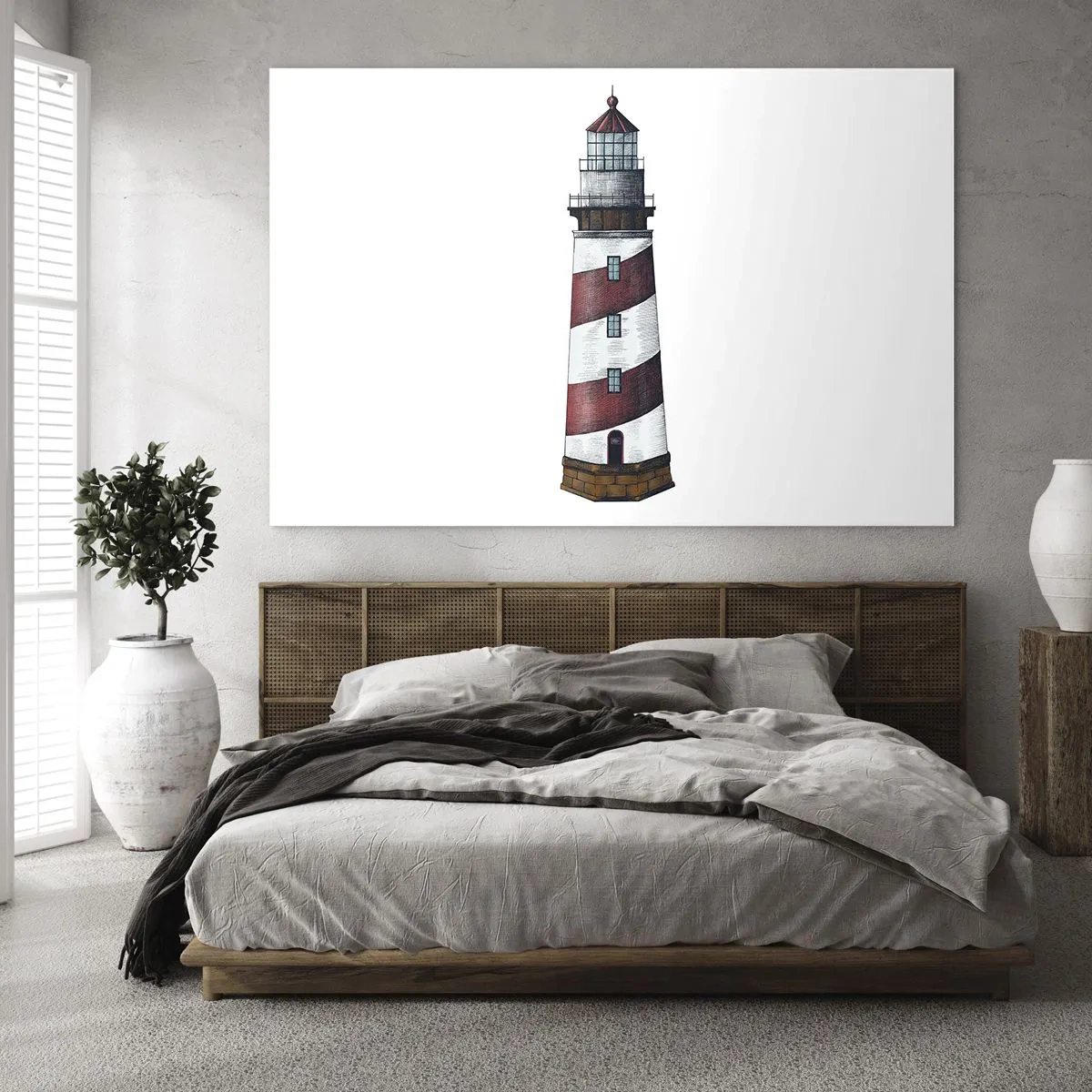 Impression sur verre - Image sur verre - Phare rouge et blanc sur fond blanc - 70x50cm - Toujours sur ses gardes - Décoration murale moderne pour le salon et la chambre ARTTOR