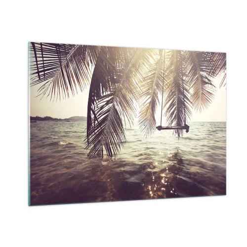 Impression sur verre - Image sur verre - Une plage avec des palmiers et une balançoire sur une mer calme - 100x70cm - Vous pouvez vous balancer dans les nuages 