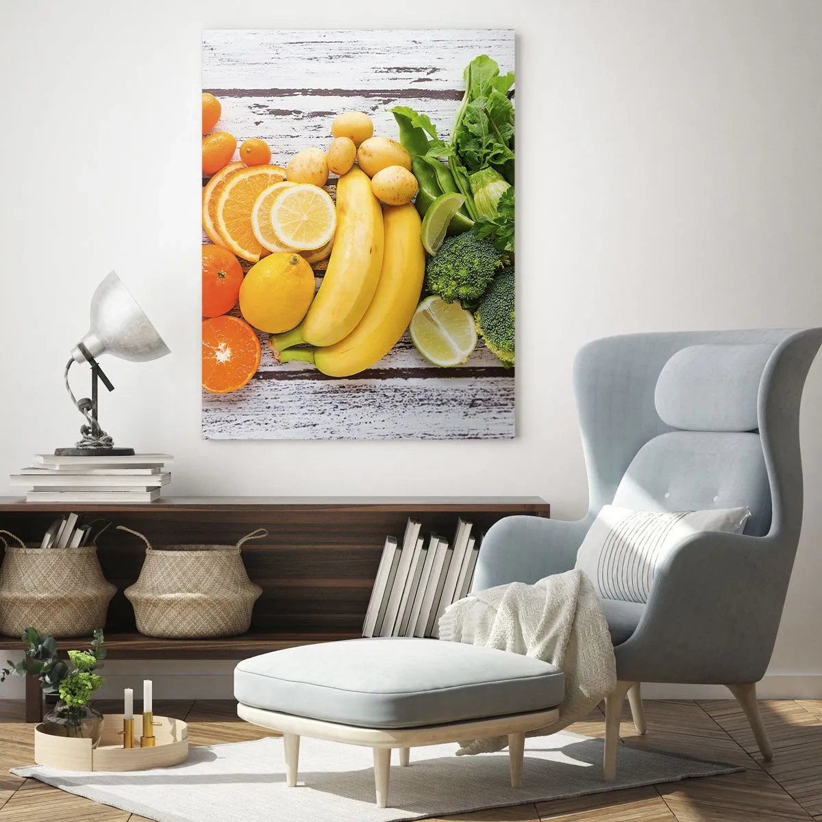 Impression sur verre - Image sur verre - Fruits et légumes colorés disposés sur une table en bois - 50x70cm - Ce n'est pas suffisant? - Décoration murale moderne pour le salon et la chambre ARTTOR