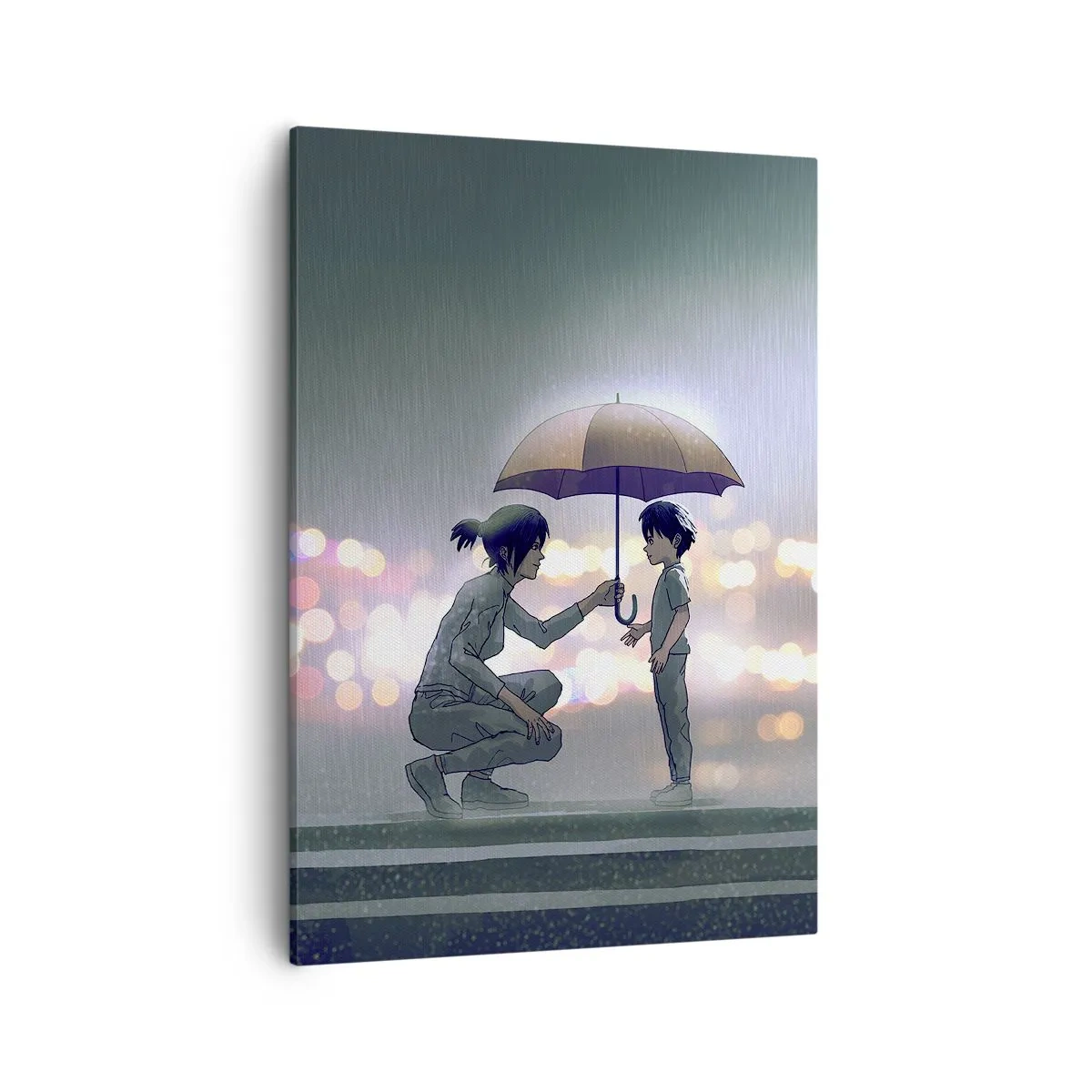 Impression sur toile - Image sur toile - Une silhouette avec un parapluie protégeant un enfant sur fond de lumières nocturnes. - 50x70cm - Et maintenant, tout va bien - Décoration murale moderne pour le salon et la chambre ARTTOR