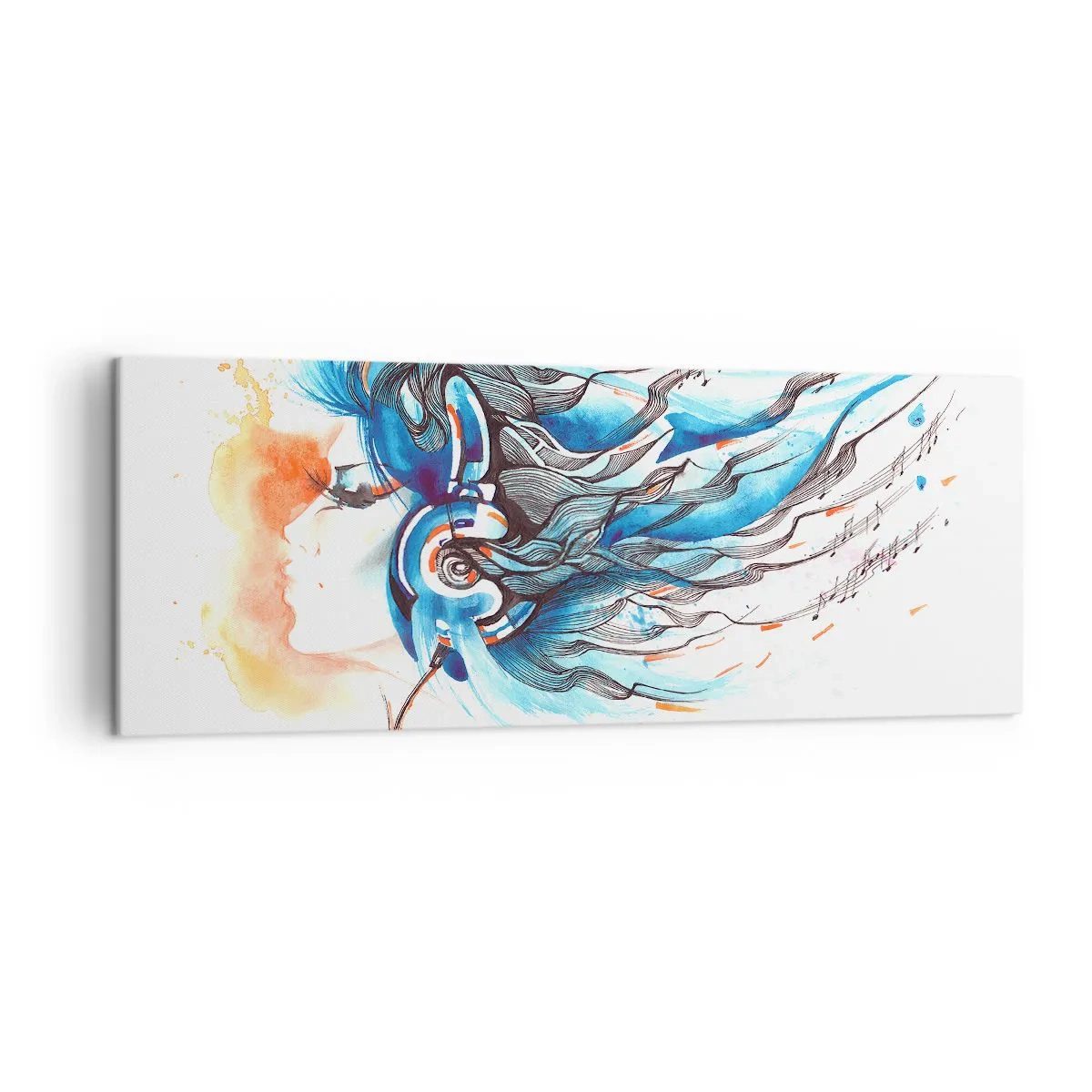 Impression sur toile - Image sur toile - Graphique artistique d'une femme portant des écouteurs avec des accents musicaux - 140x50cm - Que la musique joue - Décoration murale moderne pour le salon et la chambre ARTTOR