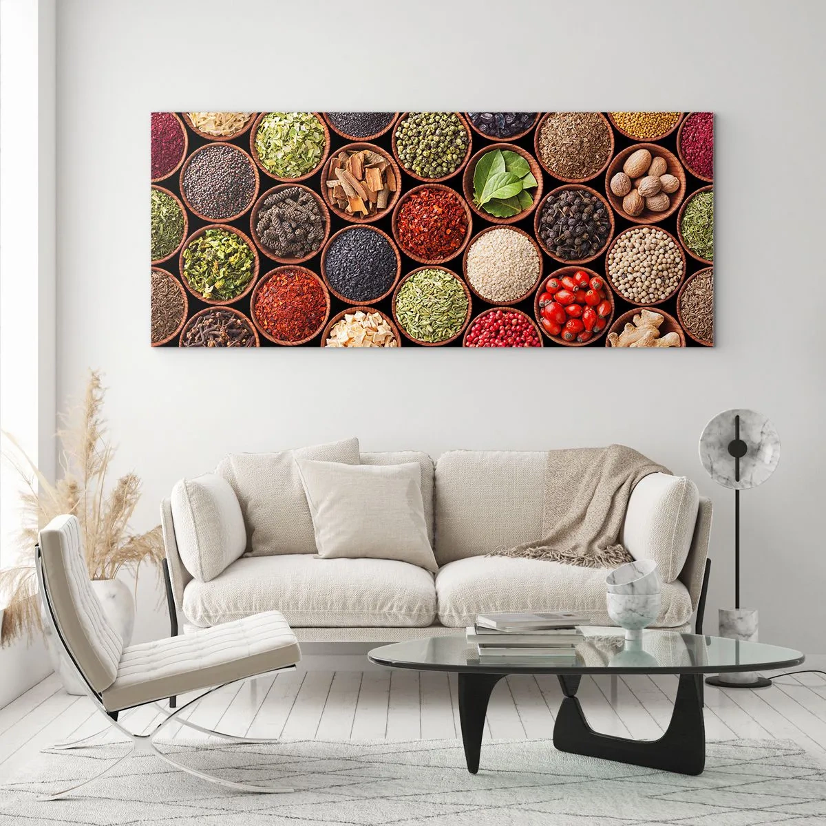 Impression sur verre - Image sur verre - Épices colorées dans des récipients ronds - 120x50cm - Toutes les saveurs du monde - Décoration murale moderne pour le salon et la chambre ARTTOR