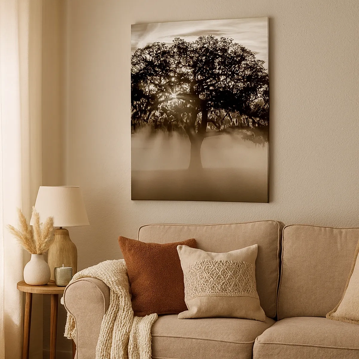 Impression sur toile - Image sur toile - Des rayons de soleil brillent à travers un arbre solitaire - 50x70cm - Arbre de bonnes nouvelles - Décoration murale moderne pour le salon et la chambre ARTTOR