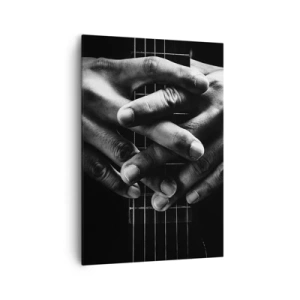 Impression sur toile - Image sur toile - Mains jointes sur une guitare dans un ton monochrome - 70x100cm - Prière d'artiste - Décoration murale moderne pour le salon et la chambre ARTTOR