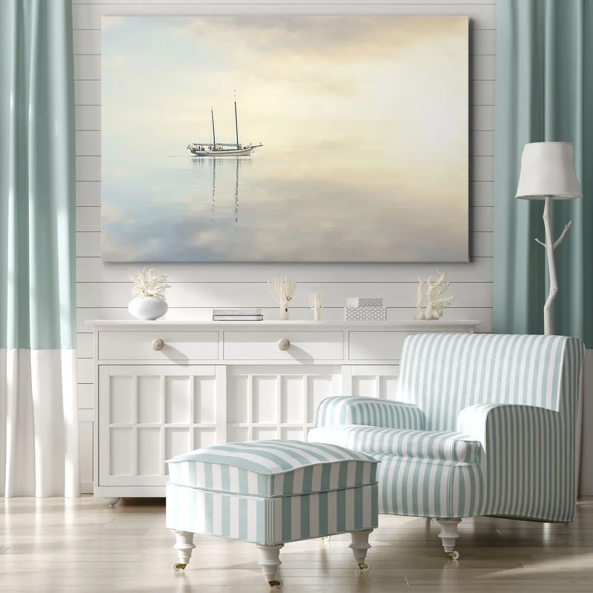 Impression sur toile - Image sur toile - Un bateau sur une mer calme dans une douce lumière - 120x80cm - Dans une mer de silence - Décoration murale moderne pour le salon et la chambre ARTTOR