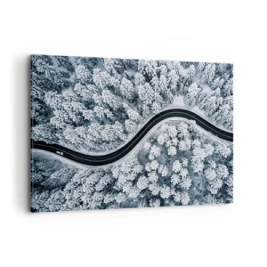 Impression sur toile - Image sur toile - Vue aérienne d'une route sinueuse dans une forêt hivernale - 120x80cm - À travers une forêt d'hiver - Décoration murale moderne pour le salon et la chambre ARTTOR