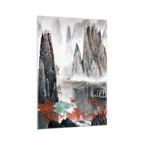 Impression sur verre - Image sur verre - Rochers et arbres pittoresques dans le paysage brumeux de la Chine - 70x100cm - De puissants gardiens - Décoration murale moderne pour le salon et la chambre ARTTOR