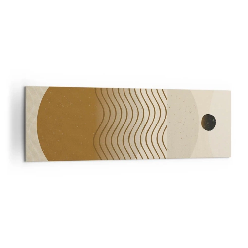 Impression sur toile - Image sur toile - Abstraction géométrique avec des cercles et des lignes ondulées aux couleurs chaudes. - 160x50cm - Sur l'origine des figures géométriques - Décoration murale moderne pour le salon et la chambre ARTTOR