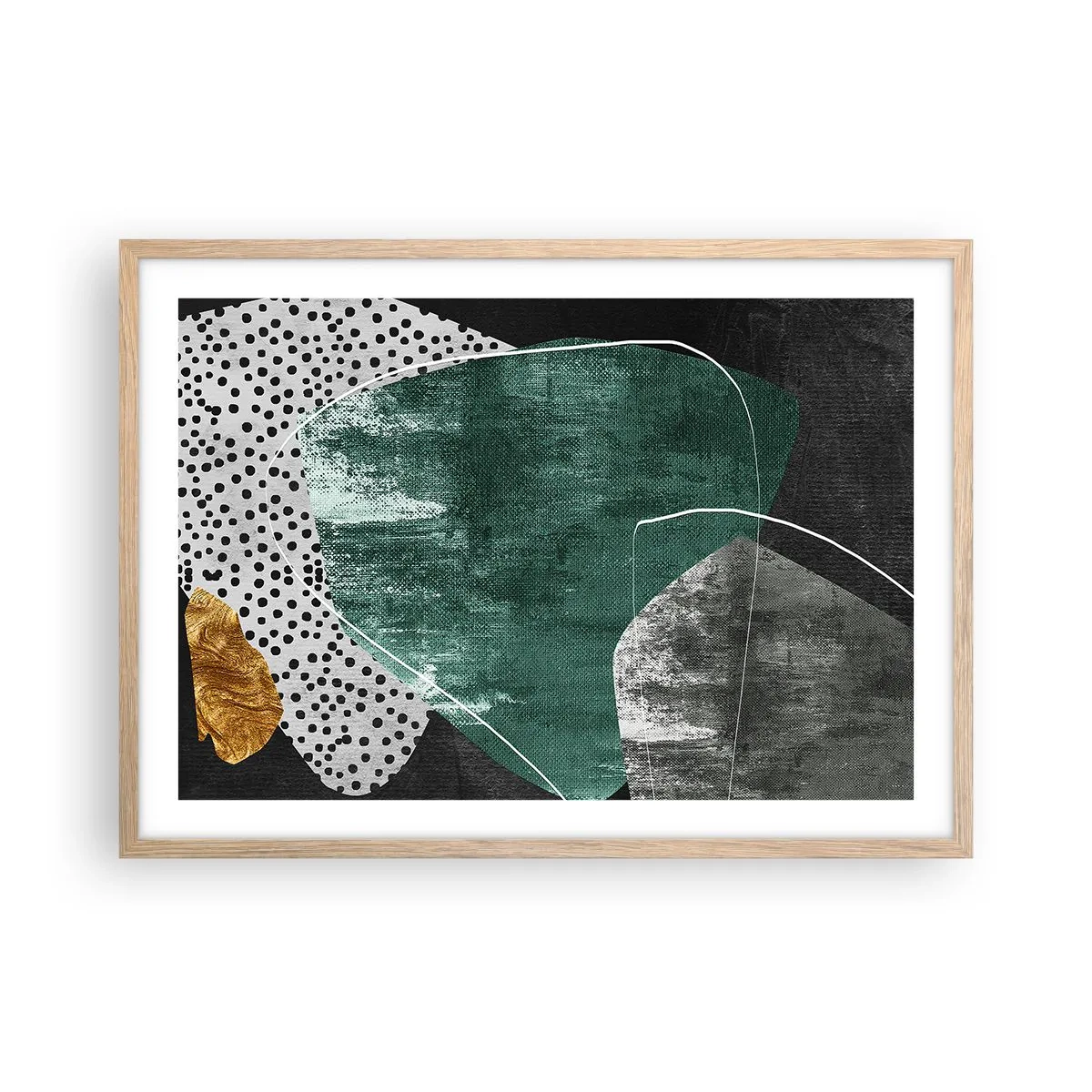 Affiche dans un chêne clair - Poster - Abstraction colorée avec feuille d'or - 70x50 cm