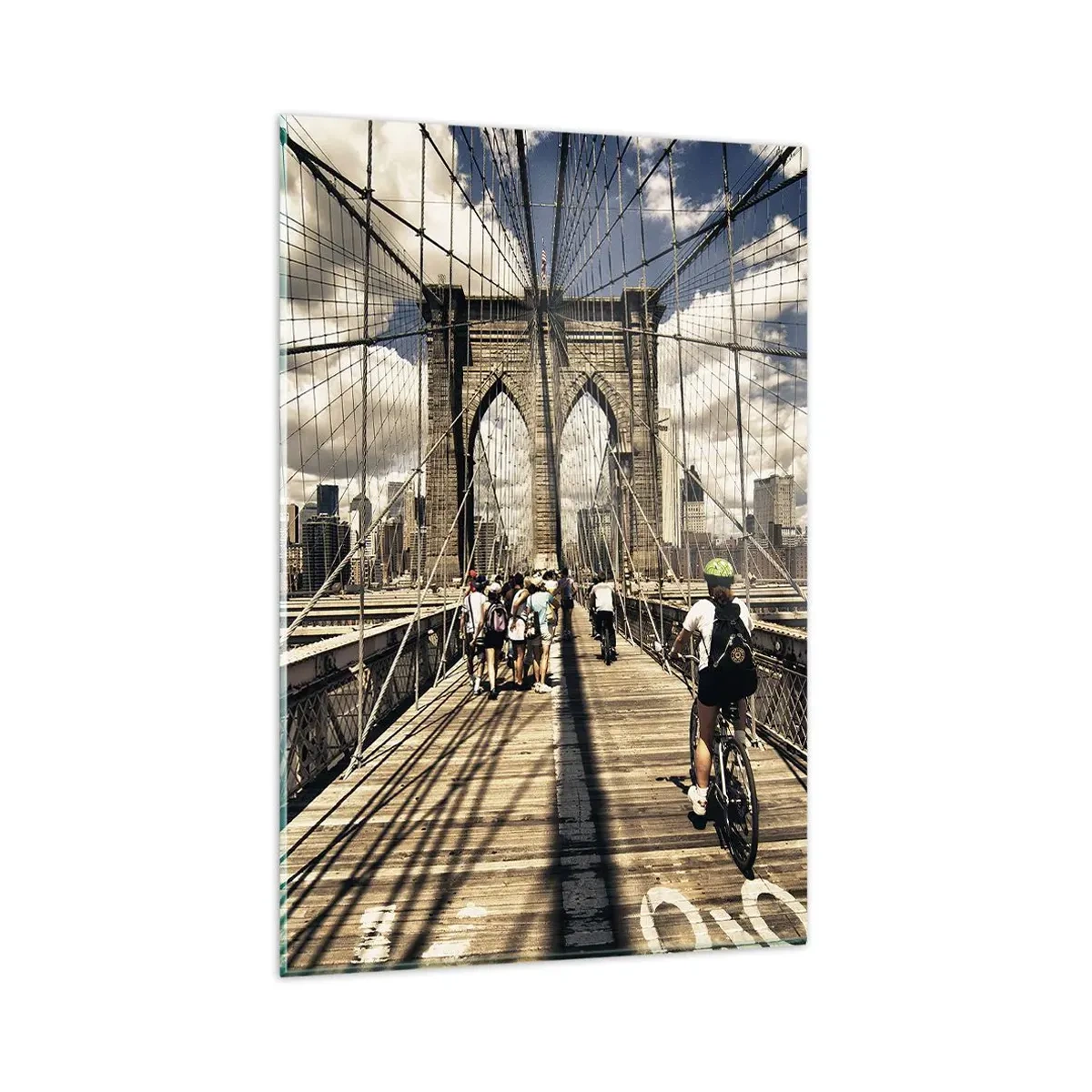 Impression sur verre - Image sur verre - Pont de Brooklyn avec vue sur les piétons et les cyclistes - 80x120cm - Directement en plein coeur de la ville - Décoration murale moderne pour le salon et la chambre ARTTOR