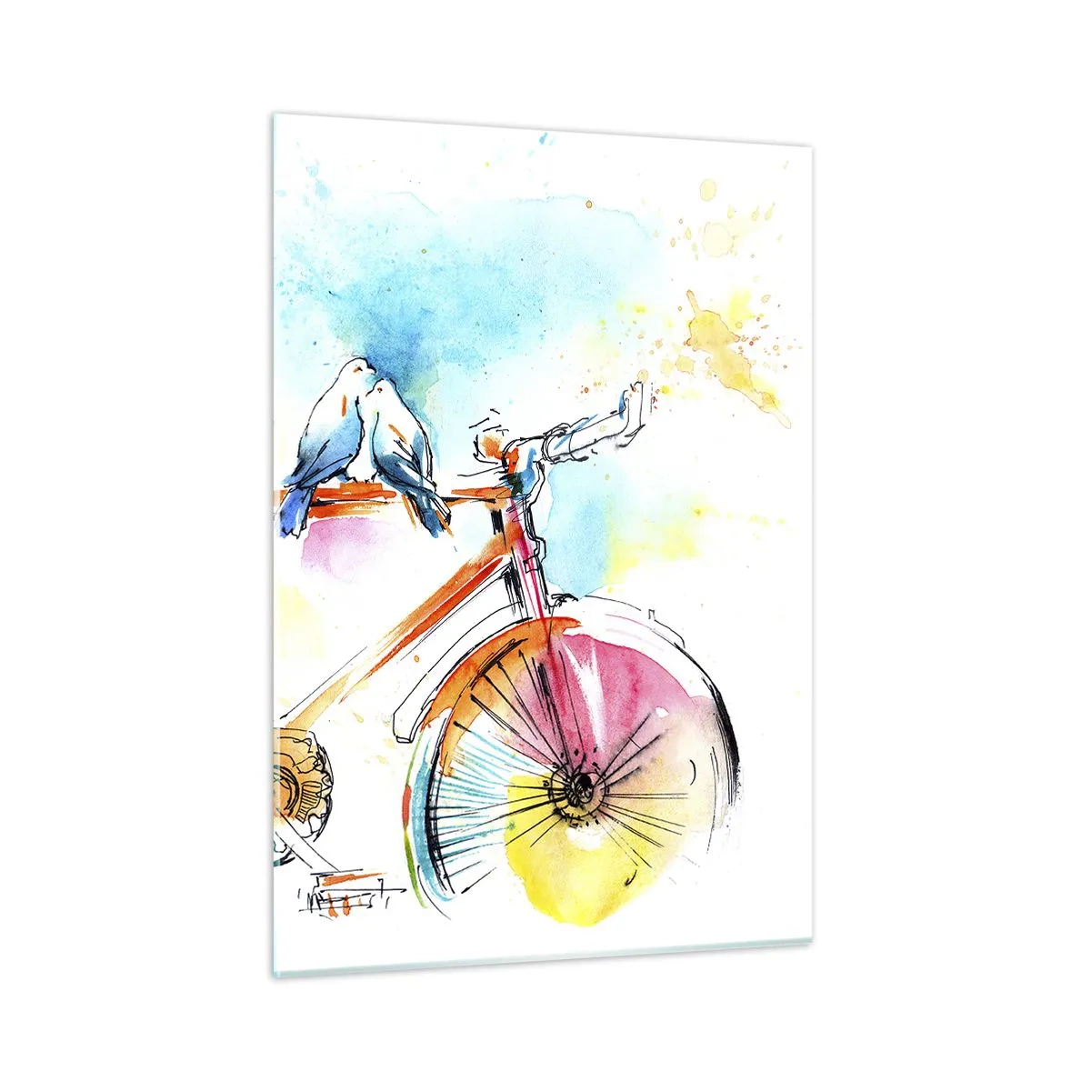 Impression sur verre - Image sur verre - Un vélo coloré avec des oiseaux assis sur le guidon - 50x70cm - À deux en vélo - Décoration murale moderne pour le salon et la chambre ARTTOR