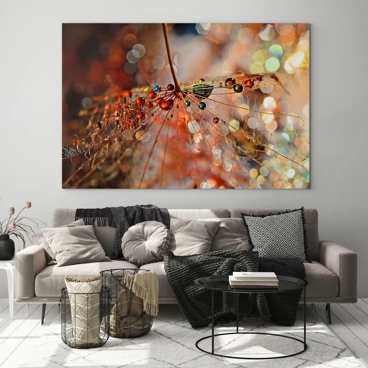 Impression sur verre - Image sur verre - Gouttes d'eau sur une délicate toile d'araignée sous une lumière bokeh - 120x80cm - Enfilé sur un fil d'araignée - Décoration murale moderne pour le salon et la chambre ARTTOR