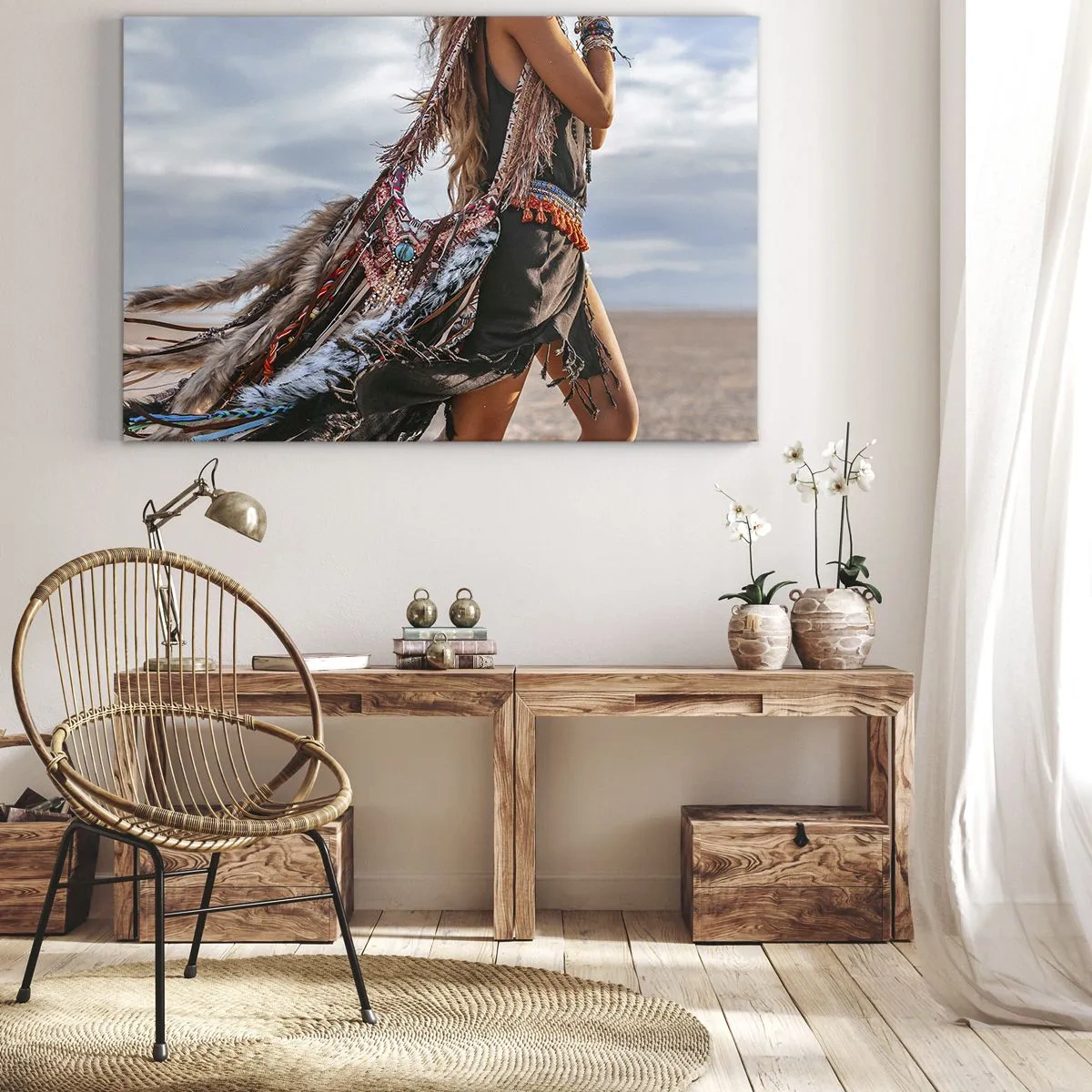 Impression sur toile - Image sur toile - Une femme dans un style bohème avec des détails de plumes et de bijoux - 100x70cm - La fille du chaman - Décoration murale moderne pour le salon et la chambre ARTTOR