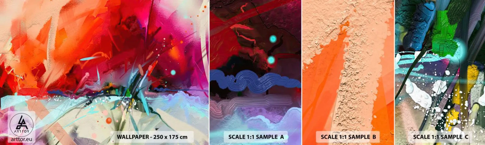 Échantillon de Papier Peint Autocollant Deluxe Sticker - Une explosion de lumières et de couleurs - Abstraction, Morceau, Acrylique - 100x30 cm