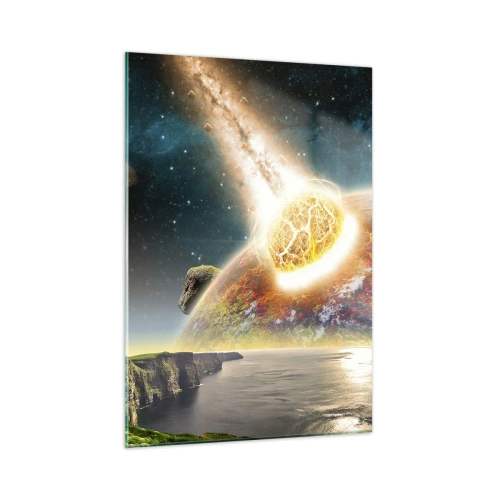 Impression sur verre - Image sur verre - Une météorite entre en collision avec une planète dans l'espace. - 50x70cm - Drame spatial - Décoration murale moderne pour le salon et la chambre ARTTOR