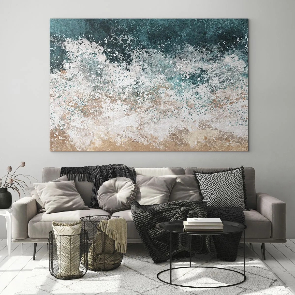 Impression sur verre - Image sur verre - Vague de mer abstraite dans des tons de turquoise, blanc et beige sable - 70x50cm - Histoires de la mer - Décoration murale moderne pour le salon et la chambre ARTTOR
