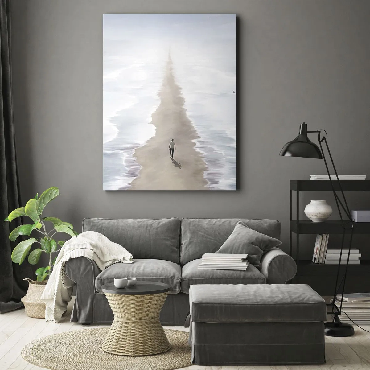 Impression sur toile - Image sur toile - Une silhouette sur une route solitaire au milieu d'un vaste paysage aquatique - 70x100cm - Un brillant avenir - Décoration murale moderne pour le salon et la chambre ARTTOR