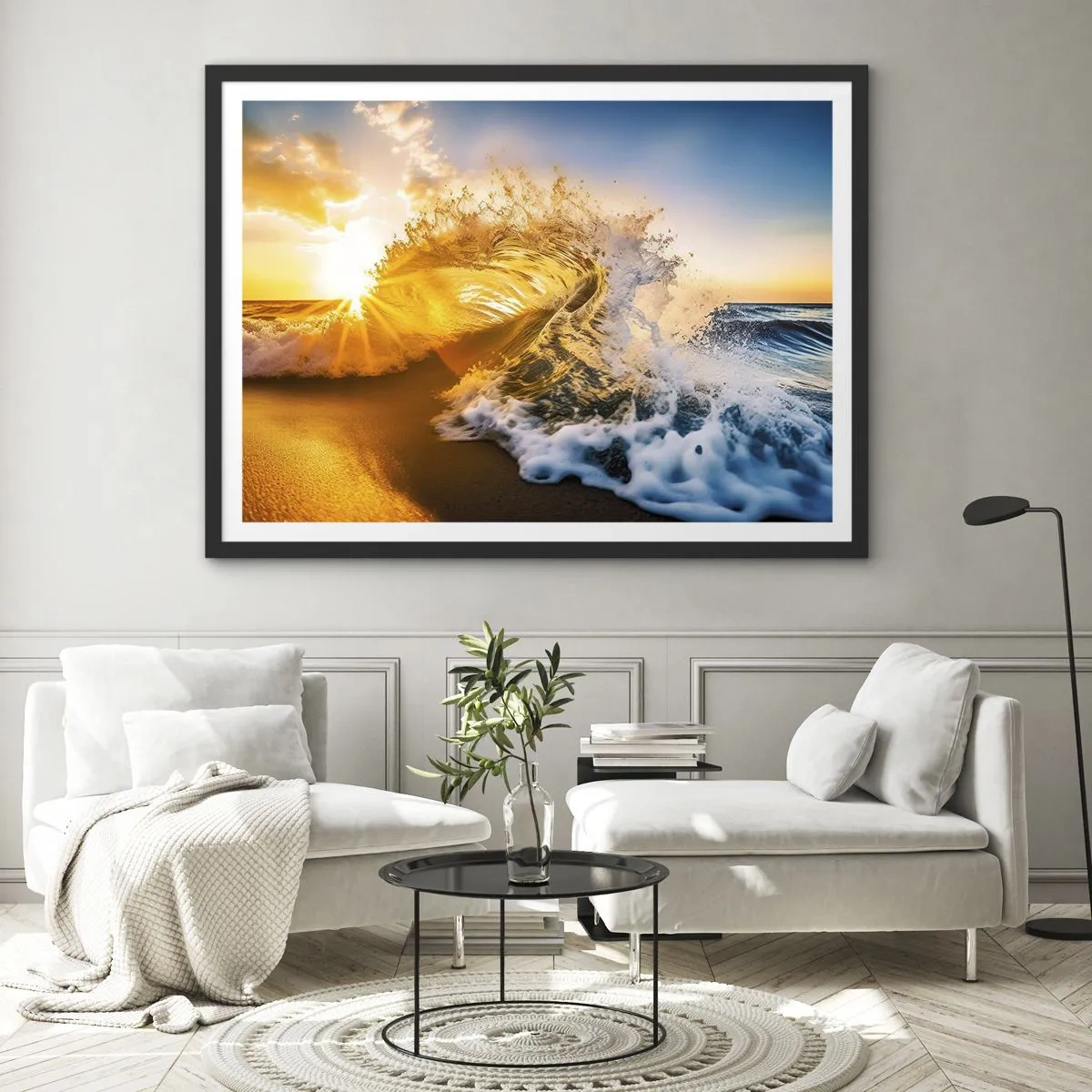 Affiche dans un cadre noir - Poster - Une vague dorée sur fond de soleil couchant - 70x50cm - S'amuser dans le sable - Décoration murale moderne pour le salon et la chambre ARTTOR