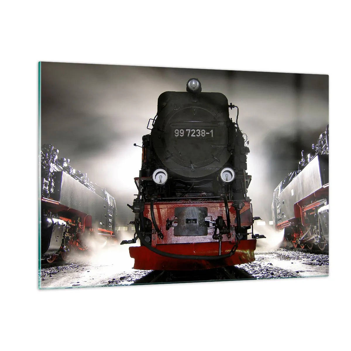 Impression sur verre - Image sur verre - Une locomotive à vapeur entourée de vapeur et de lumière - 120x80cm - Il se lève et siffle, halète et souffle - Décoration murale moderne pour le salon et la chambre ARTTOR