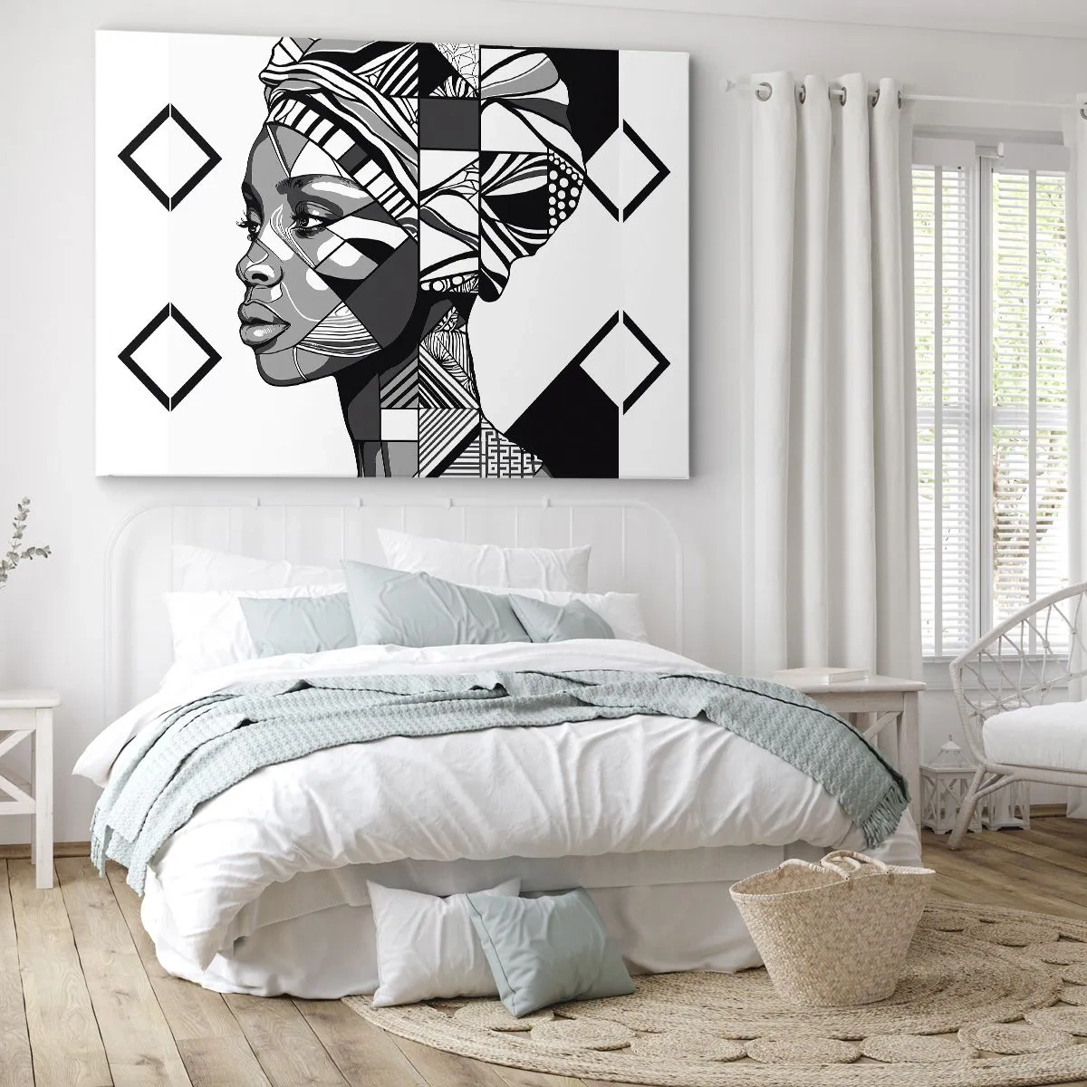 Impression sur toile - Image sur toile - Portrait noir et blanc d'une femme de style ethnique - 70x50cm - Portrait ethnique - Décoration murale moderne pour le salon et la chambre ARTTOR