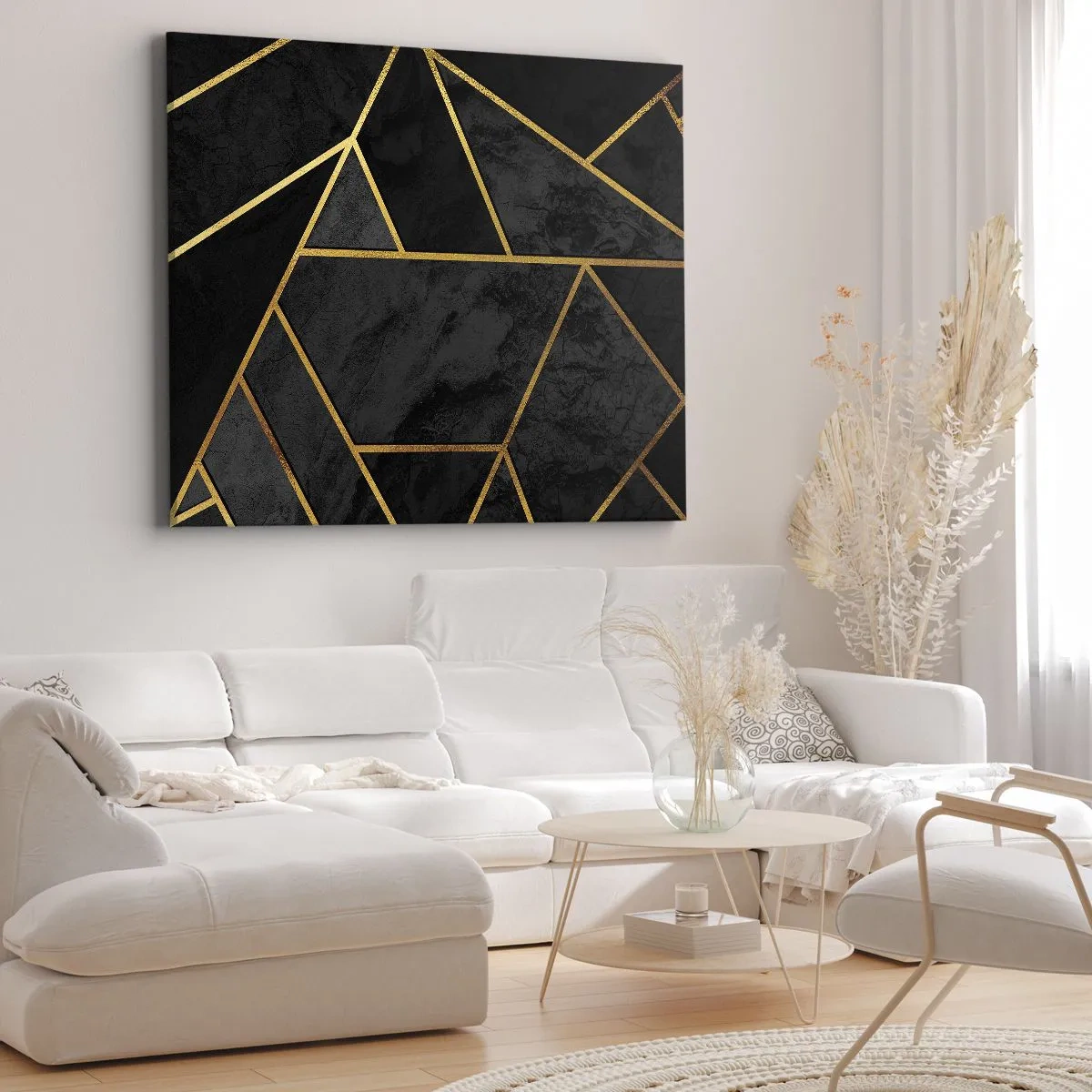Impression sur toile - Image sur toile - Motif géométrique doré sur fond noir - 70x50cm - Obscurité et éclat - Décoration murale moderne pour le salon et la chambre ARTTOR