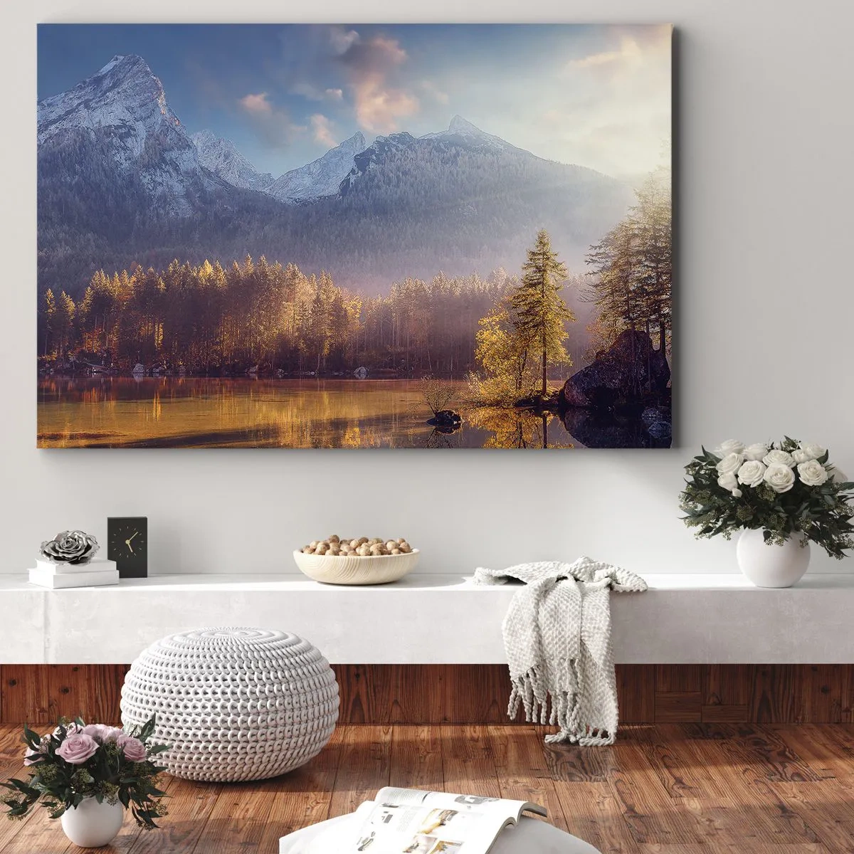 Impression sur toile - Image sur toile - Vue pittoresque de la forêt de montagne et du lac à l'aube - 100x70cm - Dans les montagnes et les vallées - Décoration murale moderne pour le salon et la chambre ARTTOR