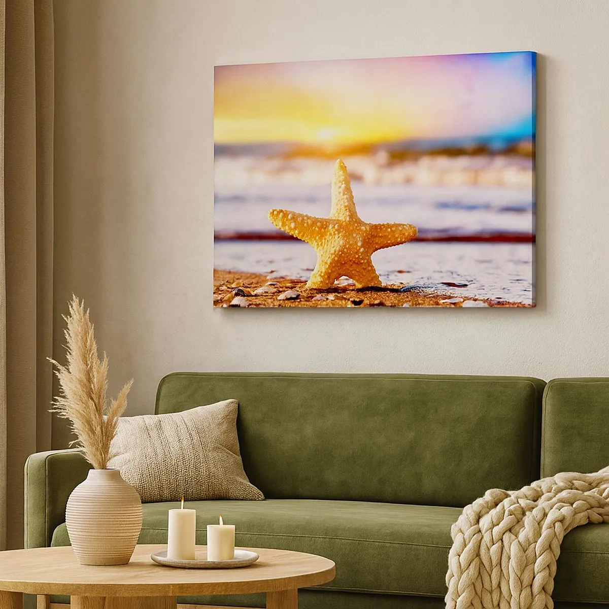 Impression sur toile - Image sur toile - Une étoile de mer sur une plage de sable à la lueur du soleil couchant - 70x50cm - Cadeau de la mer - Décoration murale moderne pour le salon et la chambre ARTTOR