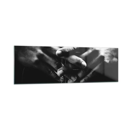 Impression sur verre - Image sur verre - Mains jointes sur une guitare dans un ton monochrome - 160x50cm - Prière d'artiste - Décoration murale moderne pour le salon et la chambre ARTTOR