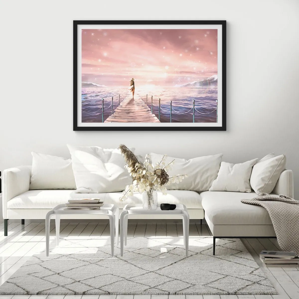 Affiche dans un cadre noir - Poster - Une femme sur une jetée dans un décor de coucher de soleil magique - 70x50cm - A la lumière d'un rêve - Décoration murale moderne pour le salon et la chambre ARTTOR