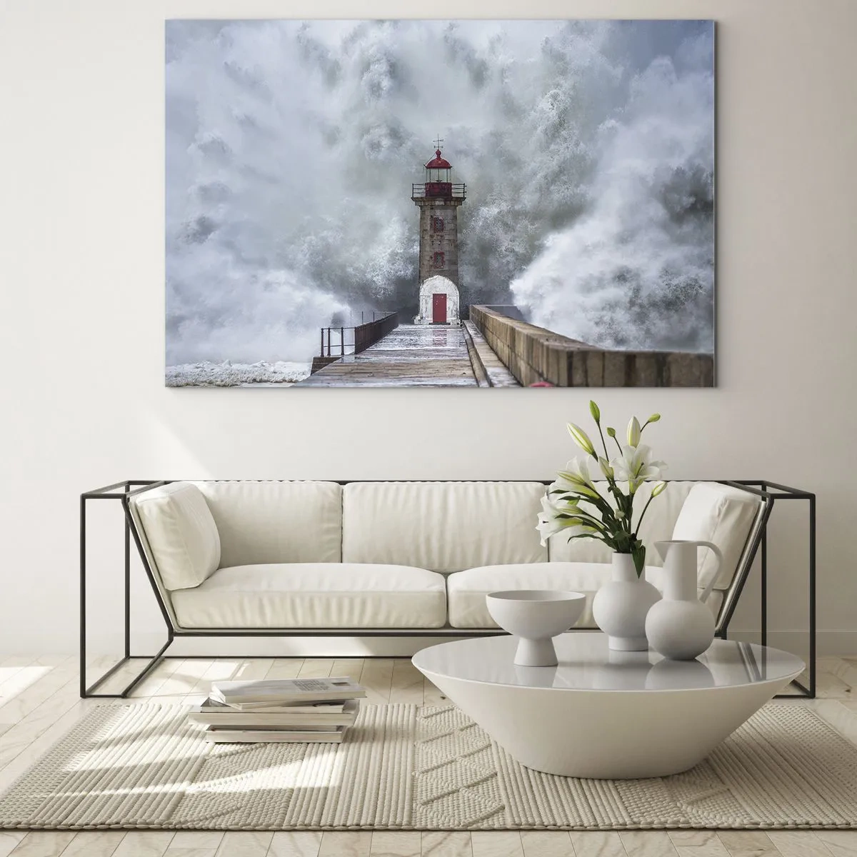 Impression sur verre - Image sur verre - Un phare est frappé par une puissante vague. - 120x80cm - Le rugissement des eaux, le bruit soufflera - Décoration murale moderne pour le salon et la chambre ARTTOR