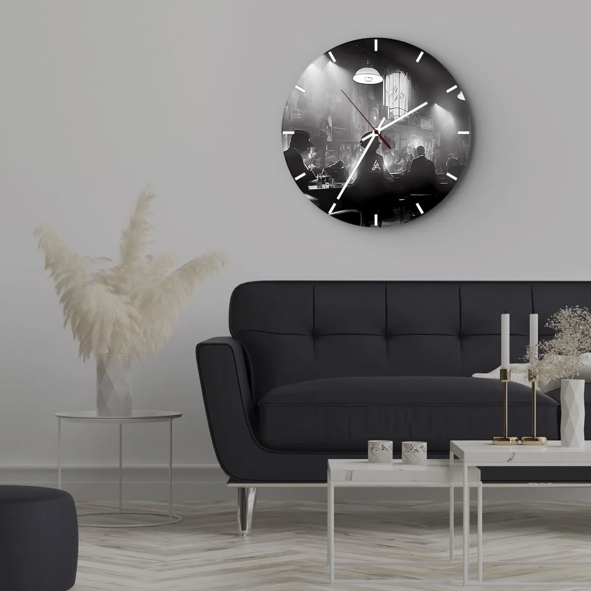 Horloge murale - Pendule murale - Scène en noir et blanc d'un club de jazz avec des silhouettes d'invités - 30x30cm - Dans une ambiance jazz - Décoration murale moderne pour le salon, la cuisine et la chambre ARTTOR