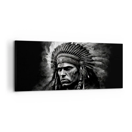 Impression sur toile - Image sur toile - Portrait d'un chef portant une coiffe à plumes sur fond noir - 120x50cm - Un leader et un guerrier - Décoration murale moderne pour le salon et la chambre ARTTOR