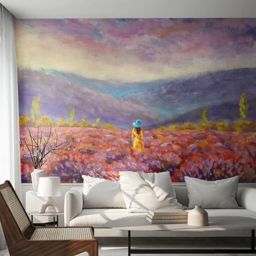 Papier peint sur mesure Premium Sand - Dans un monde lavande - Paysage, Femme, Champ de lavande