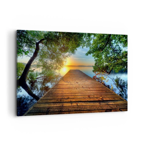 Impression sur toile - Image sur toile - Une jetée en bois entourée de verdure au coucher du soleil - 100x70cm - Prenez votre temps, asseyez-vous - Décoration murale moderne pour le salon et la chambre ARTTOR