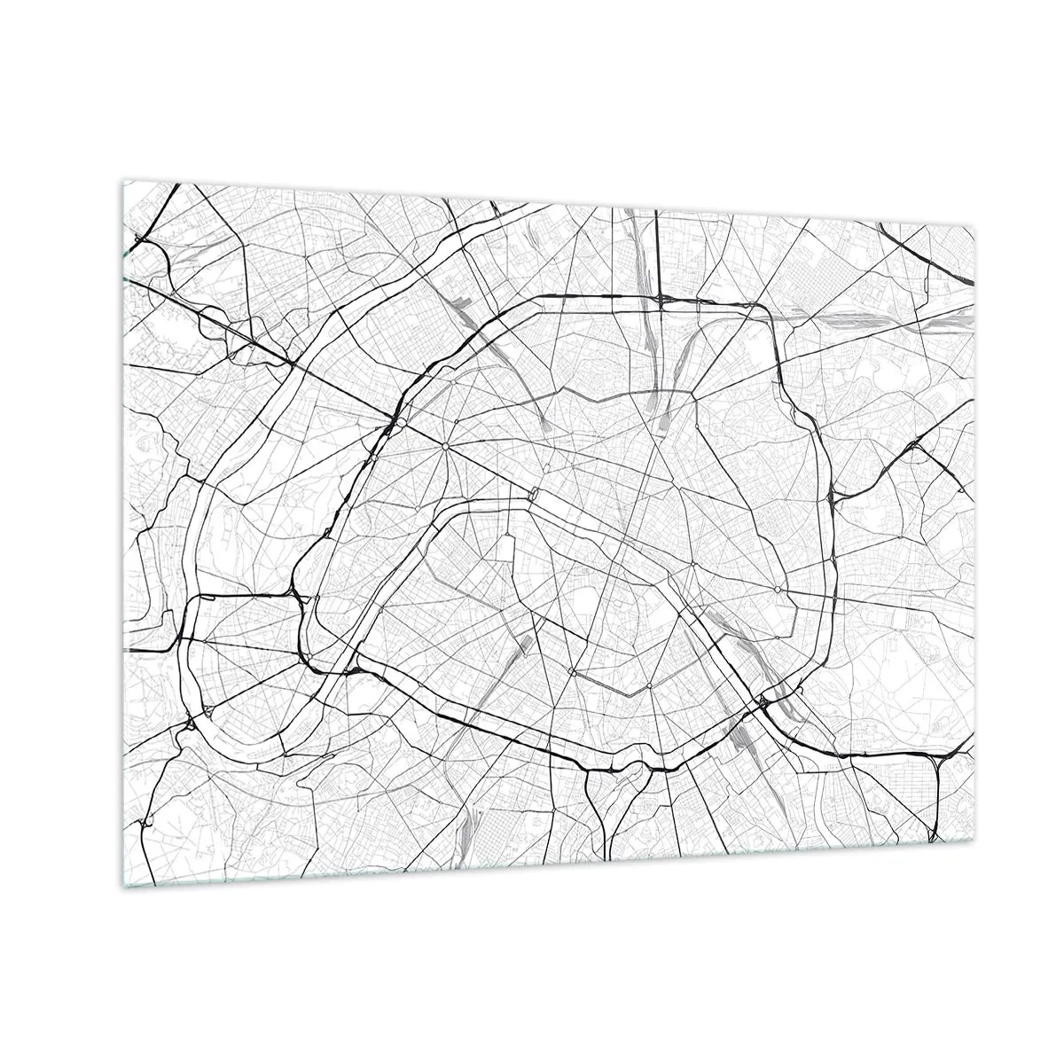 Impression sur verre - Image sur verre - Plan de la ville en noir et blanc avec quadrillage des rues et artères circulaires - 100x70cm - Fleur de Paris - Décoration murale moderne pour le salon et la chambre ARTTOR