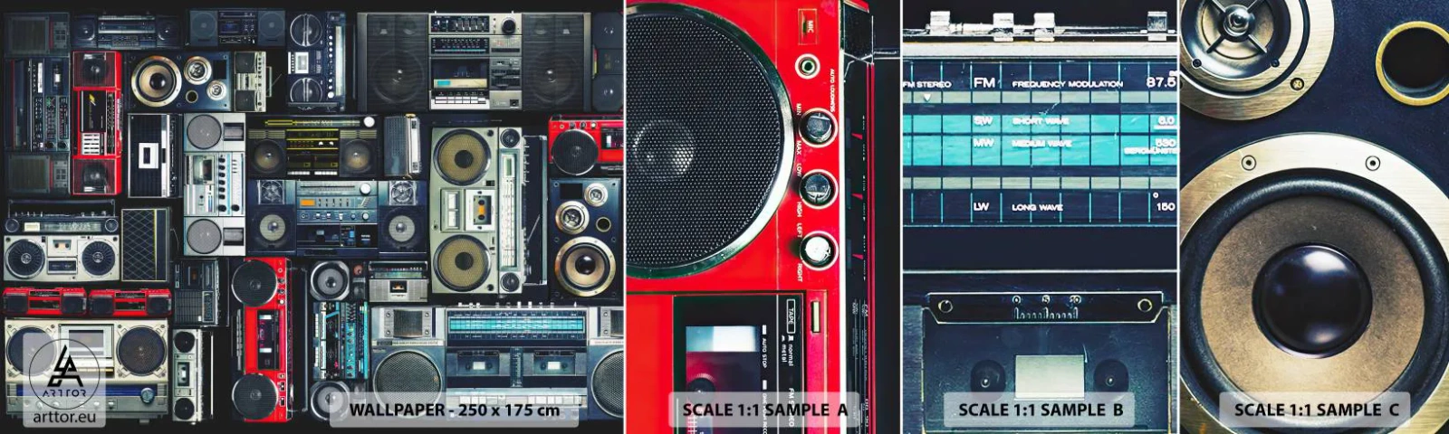 Échantillon De Papier Peint Standard Eco - Nostalgie des années 80 - Magnétophone, Amplificateur de musique, Équipement musical vintage - 100x30 cm