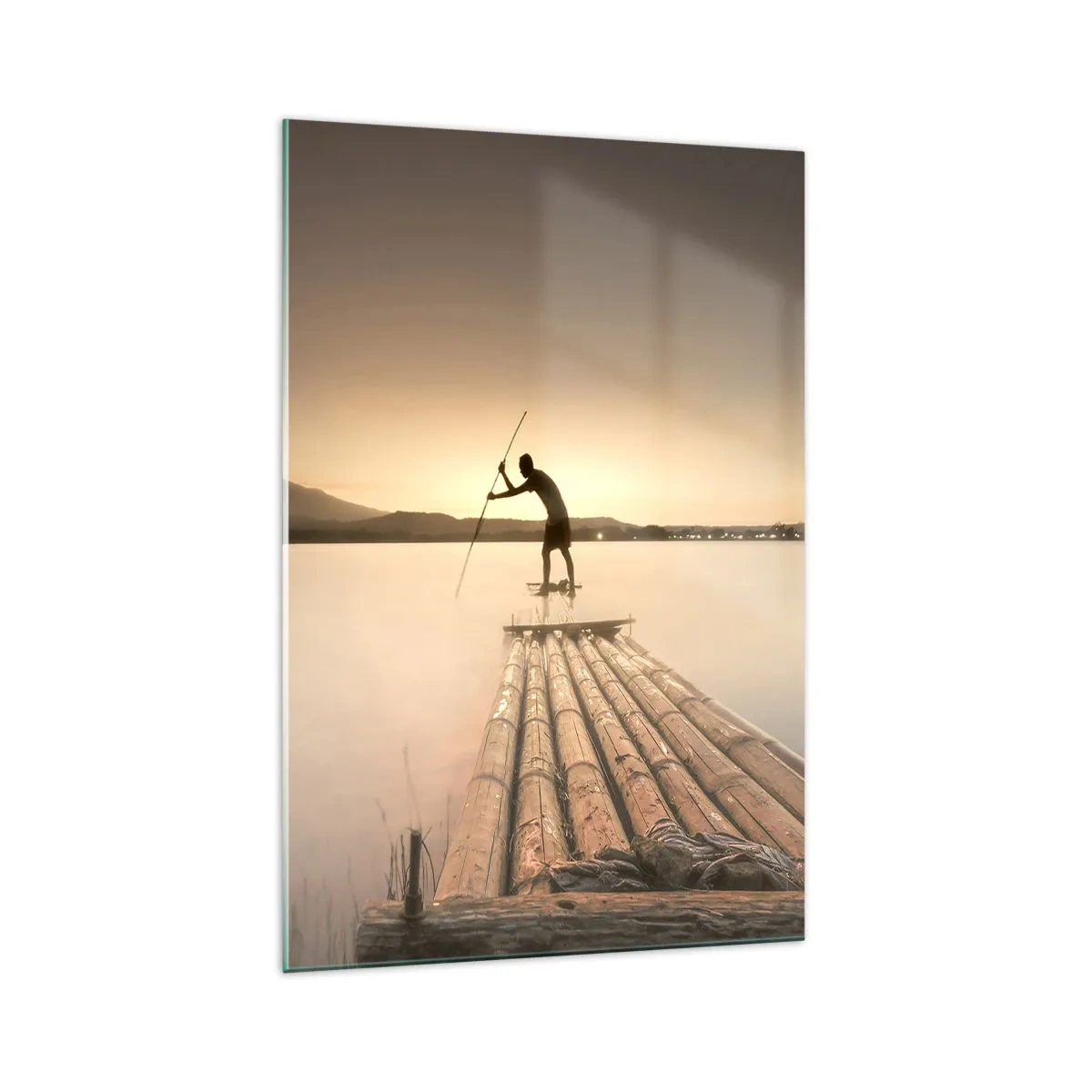 Impression sur verre - Image sur verre - Homme sur un radeau au coucher du soleil - 70x100cm - Avant la fin du jour - Décoration murale moderne pour le salon et la chambre ARTTOR
