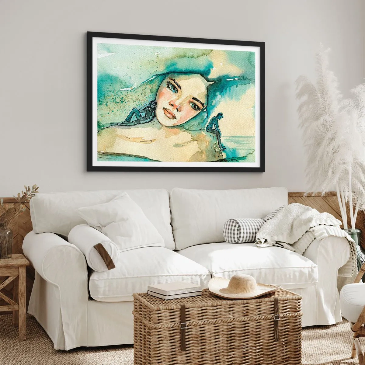 Affiche dans un cadre noir - Poster - Aquarelle d'un visage de femme avec un motif réfléchissant - 100x70cm - Suis-je bleu? - Décoration murale moderne pour le salon et la chambre ARTTOR