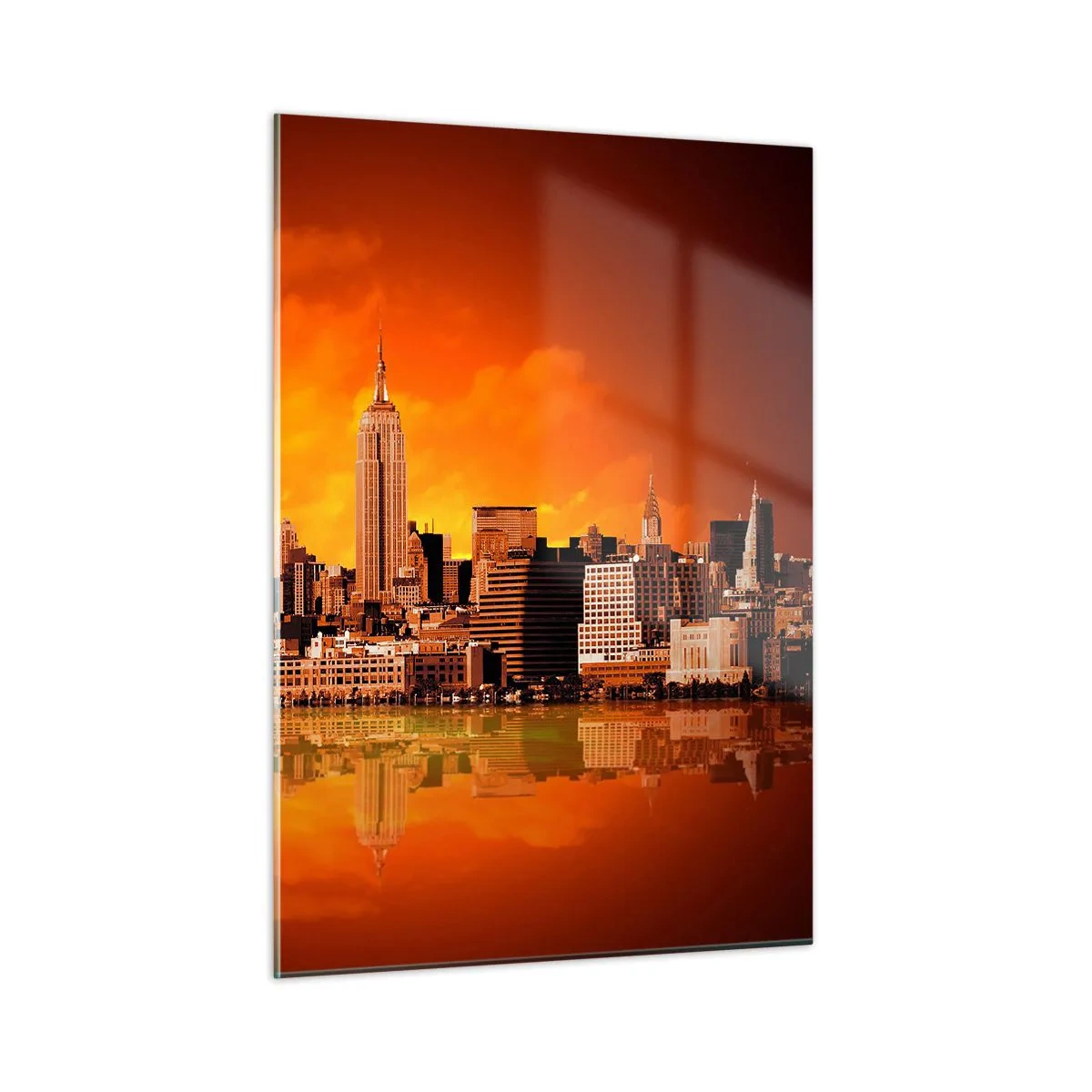 Impression sur verre - Image sur verre - Panorama de la ville au coucher du soleil - 50x70cm - Panorama de grande ville en jaune et bronze - Décoration murale moderne pour le salon et la chambre ARTTOR