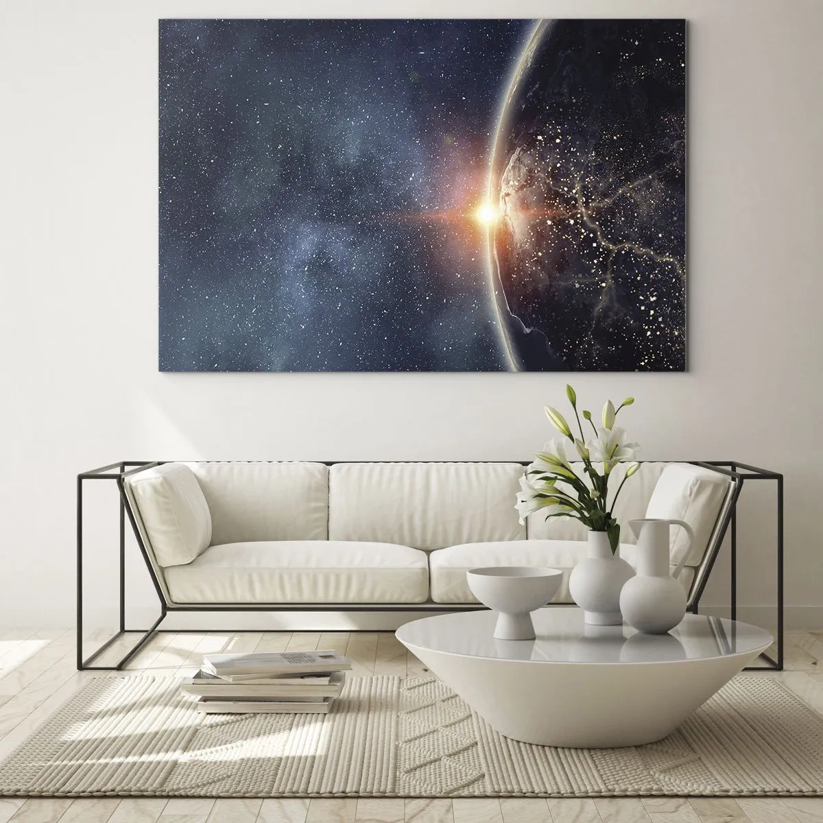 Impression sur verre - Image sur verre - La Terre illuminée par les rayons du soleil dans l'espace - 70x50cm - Dans une nouvelle perspective - Décoration murale moderne pour le salon et la chambre ARTTOR