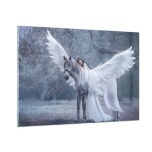 Impression sur verre - Image sur verre - Pégase aux ailes blanches et une femme en robe dans une forêt mystique - 100x70cm - Un moment inspiré - Décoration murale moderne pour le salon et la chambre ARTTOR