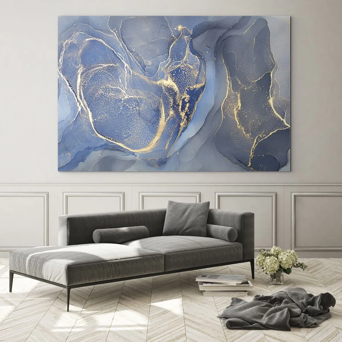 Impression sur verre - Image sur verre - Une composition abstraite dans les tons bleu marine et or - 70x50cm - Poussière d'or - Décoration murale moderne pour le salon et la chambre ARTTOR