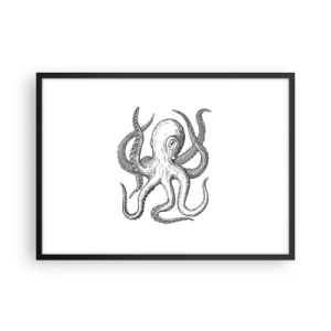 Affiche dans un cadre noir - Poster - Dessin noir et blanc d'une pieuvre sur fond blanc dans un style vintage - 70x50cm - Dansant avec les vagues - Décoration murale moderne pour le salon et la chambre ARTTOR