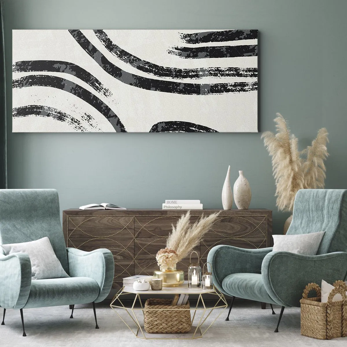 Impression sur toile - Image sur toile - Lignes abstraites noires et blanches sur fond clair - 120x50cm - À moitié arrêté - Décoration murale moderne pour le salon et la chambre ARTTOR