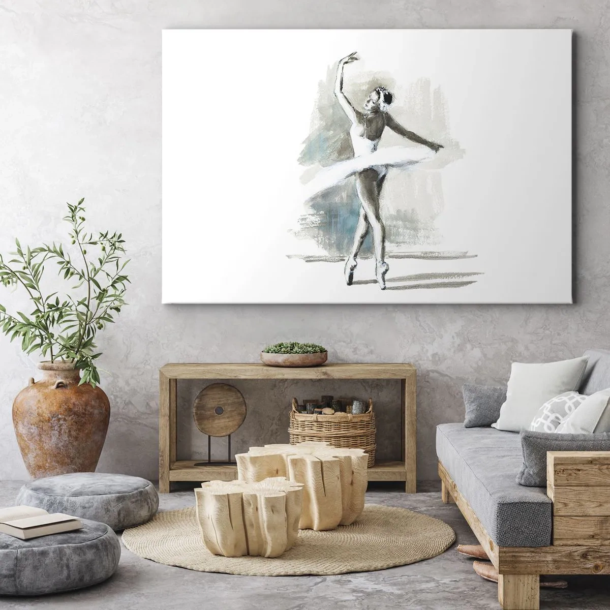 Impression sur toile - Image sur toile - Une danseuse de ballet dans une pose de ballet sur un fond de tons aquarelle délicats. - 70x50cm - Enchantement du cygne - Décoration murale moderne pour le salon et la chambre ARTTOR